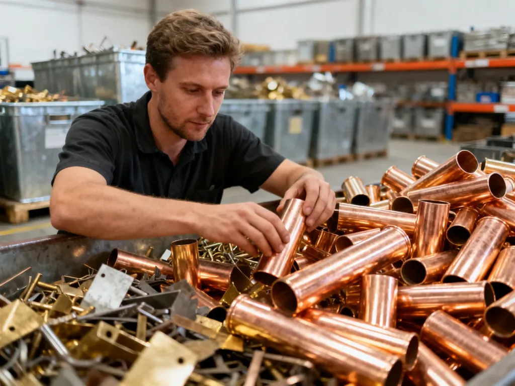 Pracownik sortujący miedziane rury i złom w profesjonalnym warsztacie, co ilustruje proces recyklingu metali.