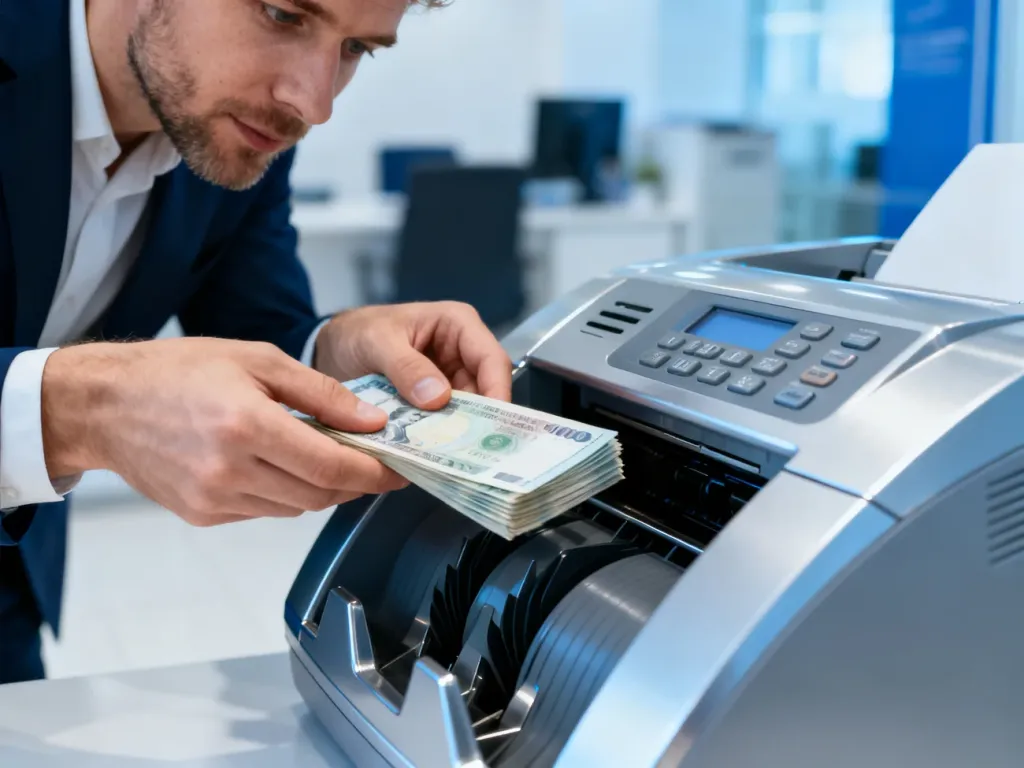 Mężczyzna wpłacający plik banknotów do nowoczesnego wpłatomatu w profesjonalnym wnętrzu banku.