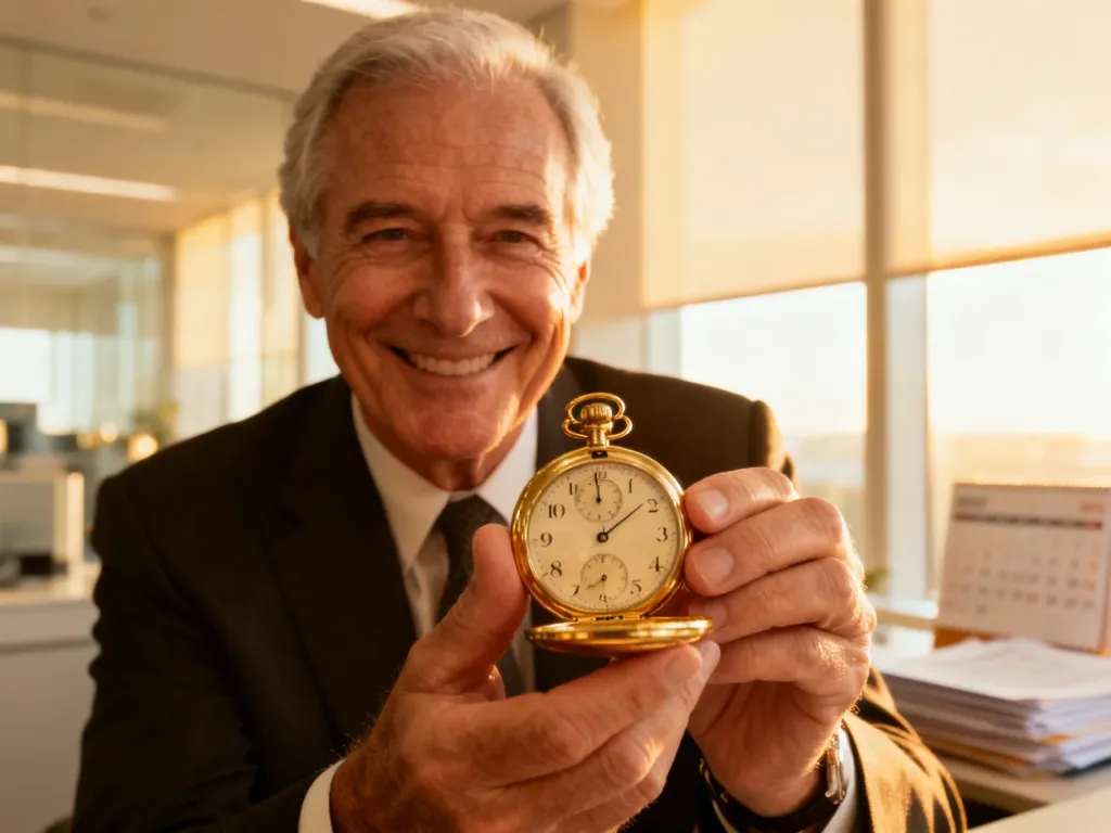 Uśmiechnięty pracownik w wieku emerytalnym trzymający złoty zegarek kieszonkowy w nowoczesnym biurze.
