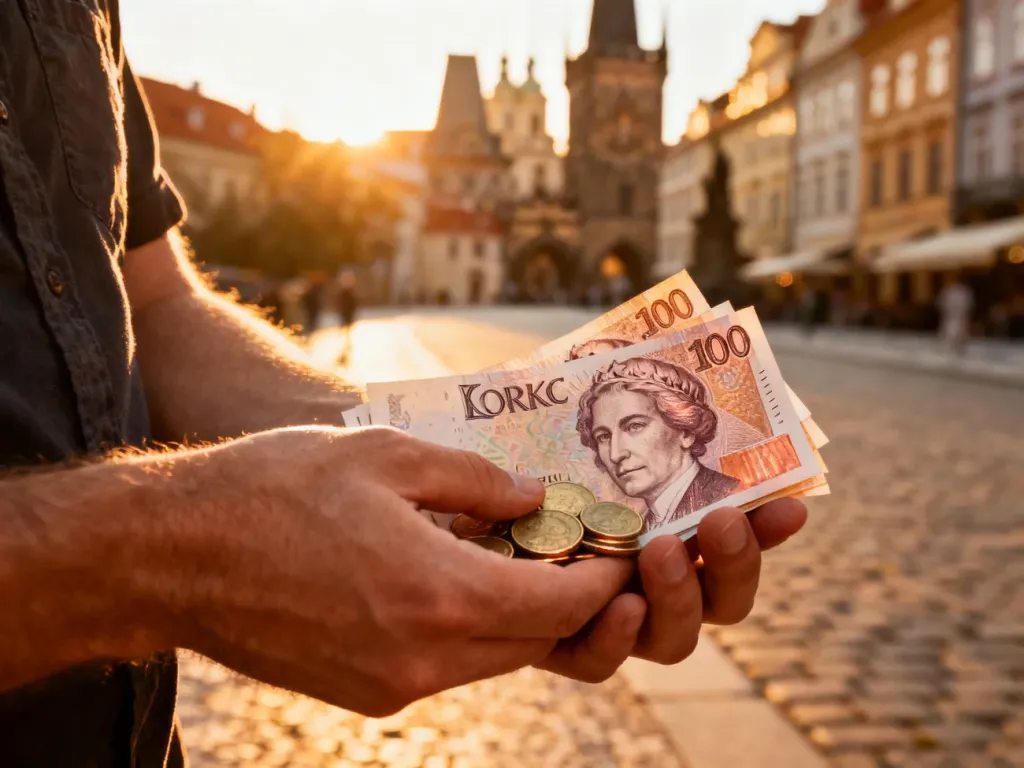Dłonie trzymające czeskie korony w formie banknotów i monet na tle rozmytej, słonecznej ulicy Pragi.