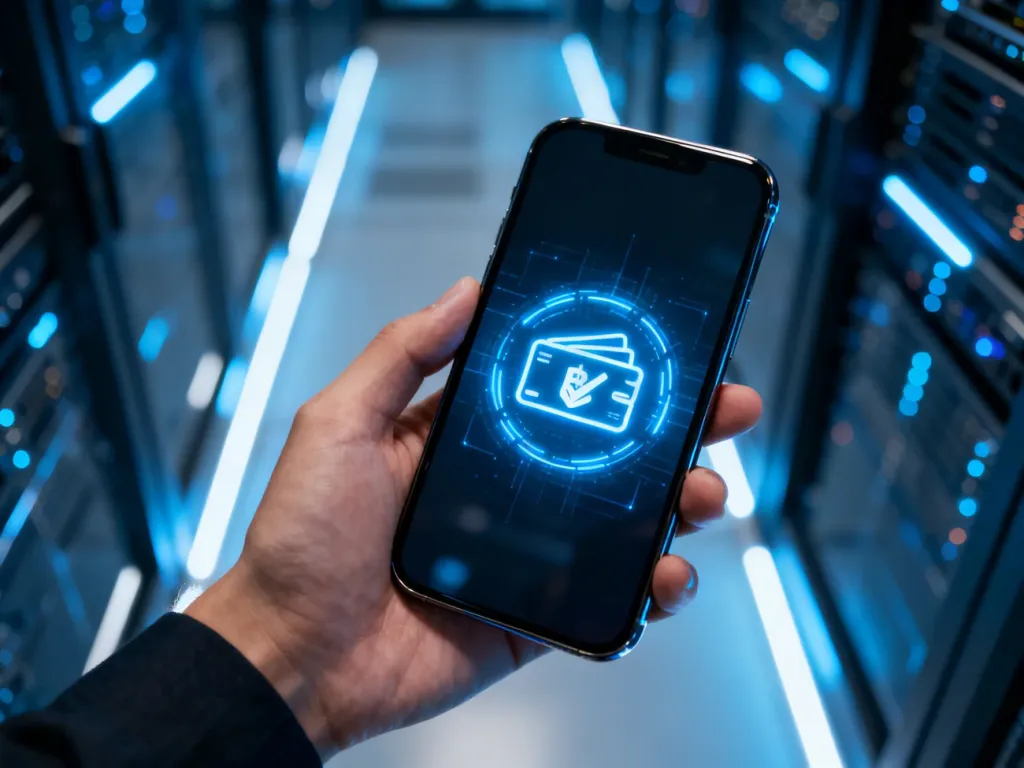 Dłoń trzymająca smartfon z ikoną potwierdzenia udanego przelewu bankowego na tle nowoczesnego serwerowni.
