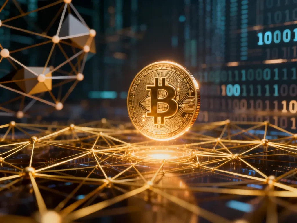 Cyfrowa moneta unosząca się nad siecią powiązań symbolizująca procesy przesyłania kryptowalut w technologii blockchain.