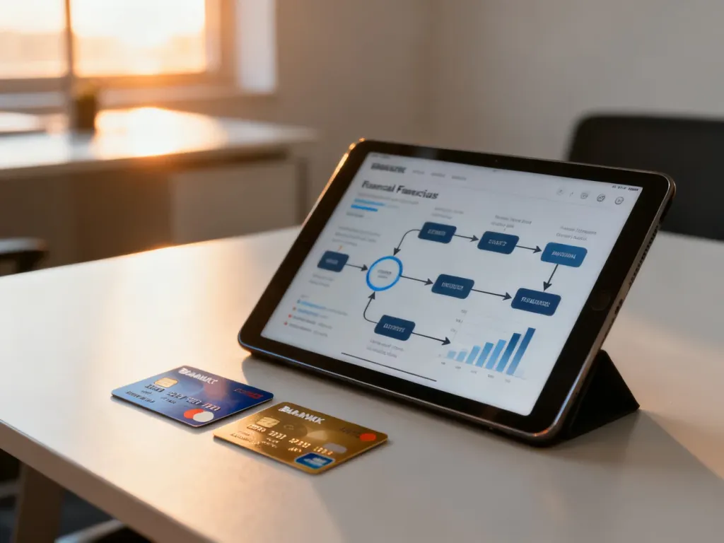 Tablet z wykresem finansowym i karty płatnicze na biurku, symbolizujące nowoczesne zarządzanie płatnościami w firmie.