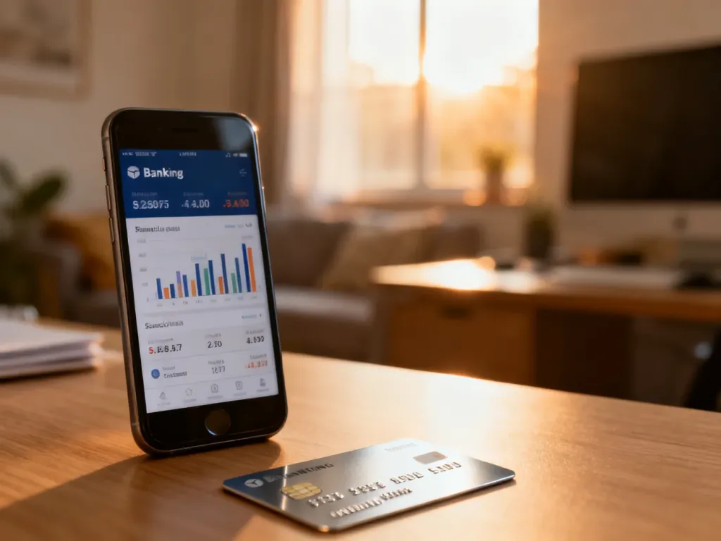 Smartfon z aplikacją bankową i karta płatnicza na biurku, ilustrujące zarządzanie finansami osobistymi.