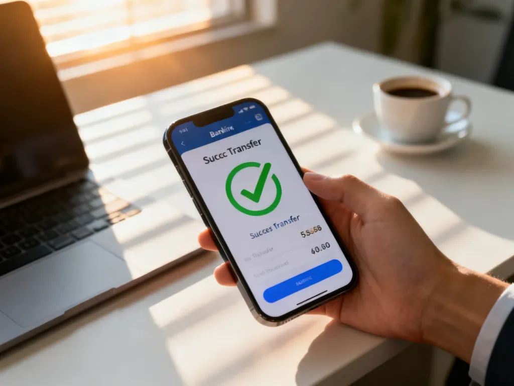 Ekran smartfona z ikoną zielonego ptaszka potwierdzającą udany przelew bankowy w biurowym otoczeniu.