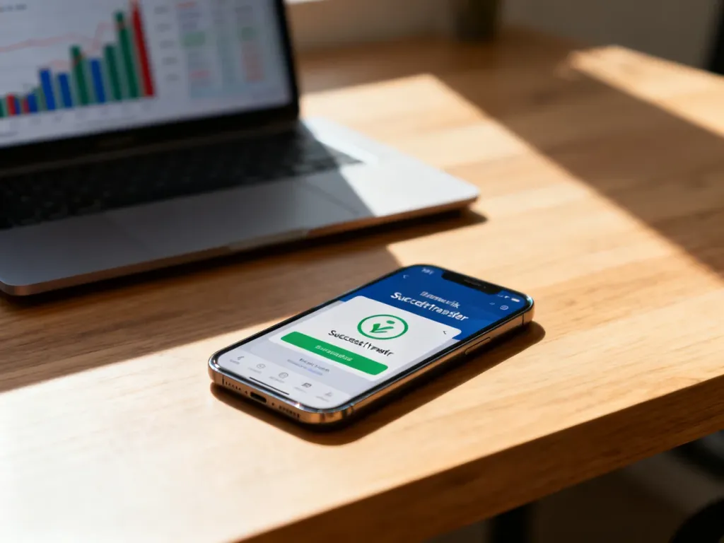 Smartfon z ekranem bankowości mobilnej potwierdzający wykonanie przelewu na drewnianym biurku.