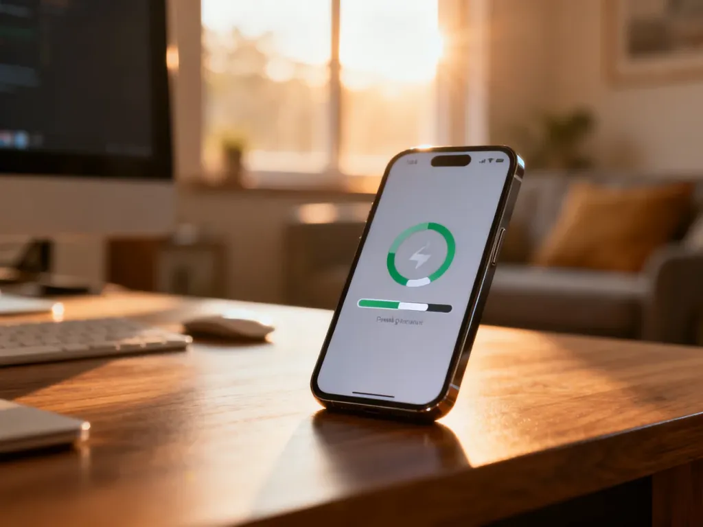 Smartfon z wyświetlonym symbolem oczekującej transakcji na ekranie, leżący na drewnianym biurku w domowym biurze.