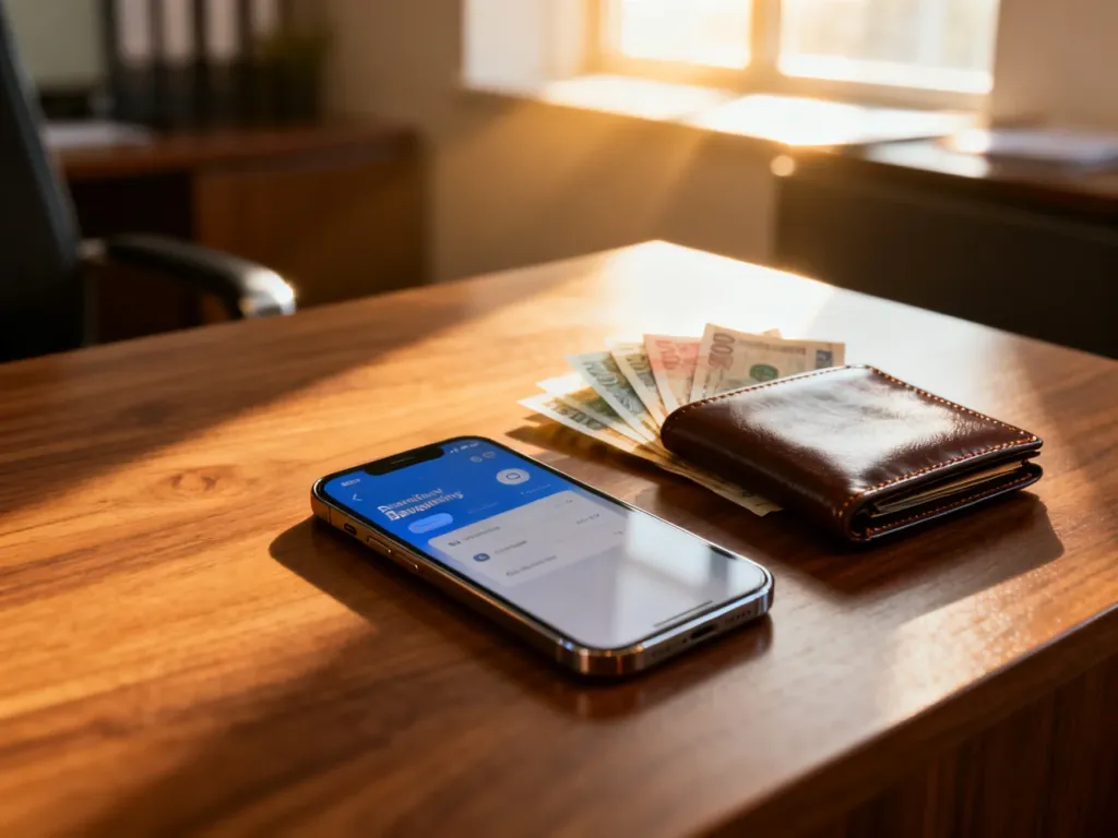 Smartfon z aplikacją bankową i zagraniczne banknoty na biurku, symbolizujące posiadanie konta w obcym kraju.