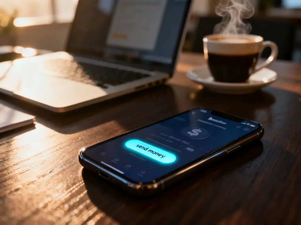 Smartfon z otwartą aplikacją bankową na drewnianym biurku, symbolizujący szybkie i wygodne wykonywanie przelewów online.