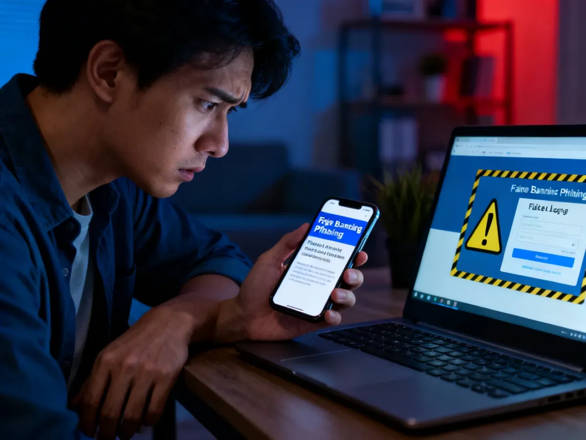 Osoba sprawdzająca podejrzaną wiadomość bankową na telefonie i laptopie