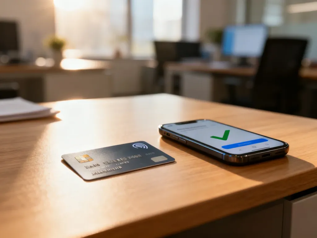 Karta płatnicza i smartfon z ikoną potwierdzenia transakcji w aplikacji bankowej na drewnianym biurku.