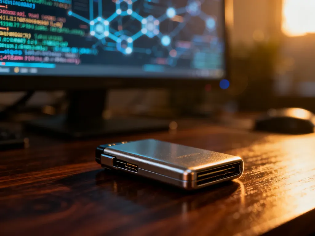 Metalowy portfel sprzętowy do kryptowalut leżący na biurku, symbolizujący bezpieczne przechowywanie kluczy prywatnych.