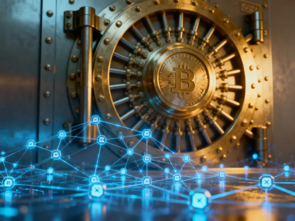 Wizualizacja kontrastująca zdecentralizowaną sieć blockchain z tradycyjnym systemem bankowym reprezentowanym przez sejf.