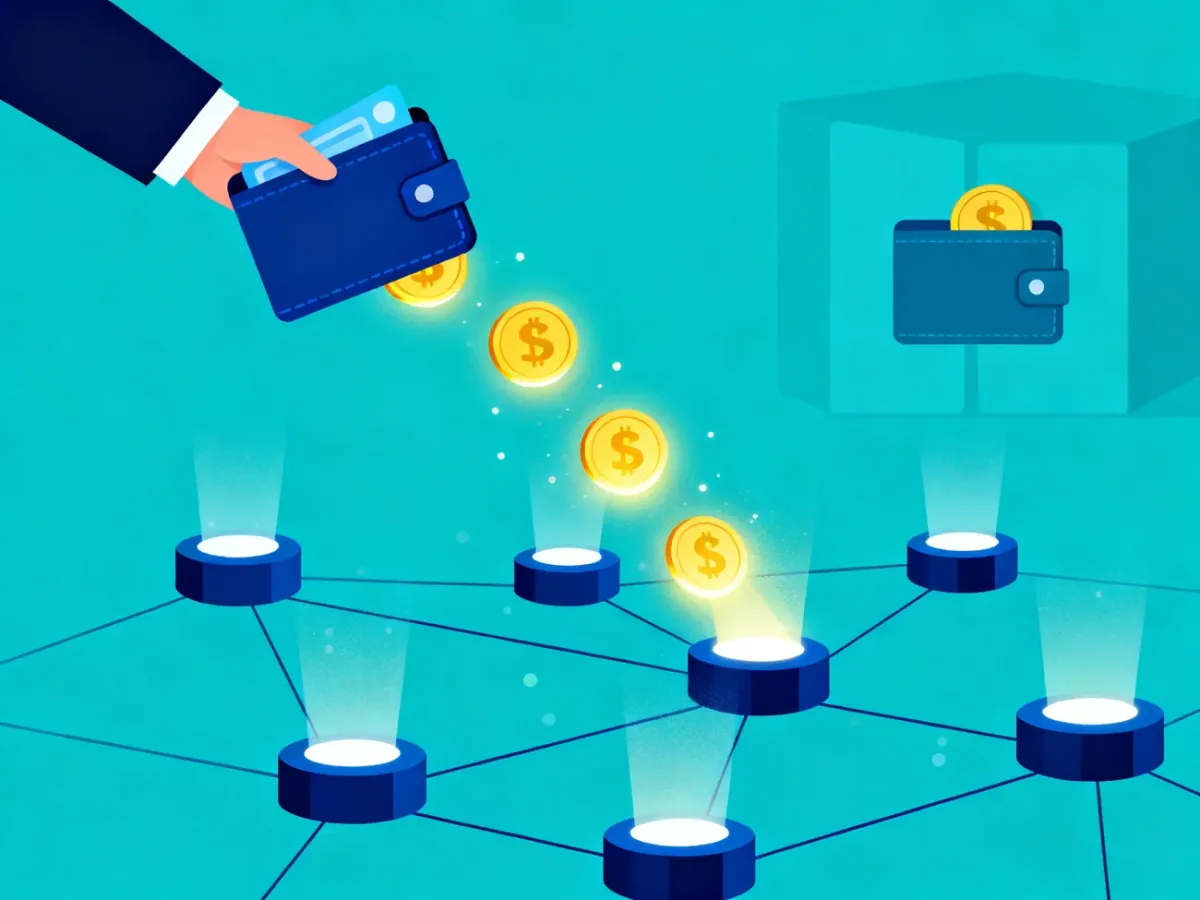 Schemat przepływu kryptowaluty przez blockchain i walidatorów do odbiorcy